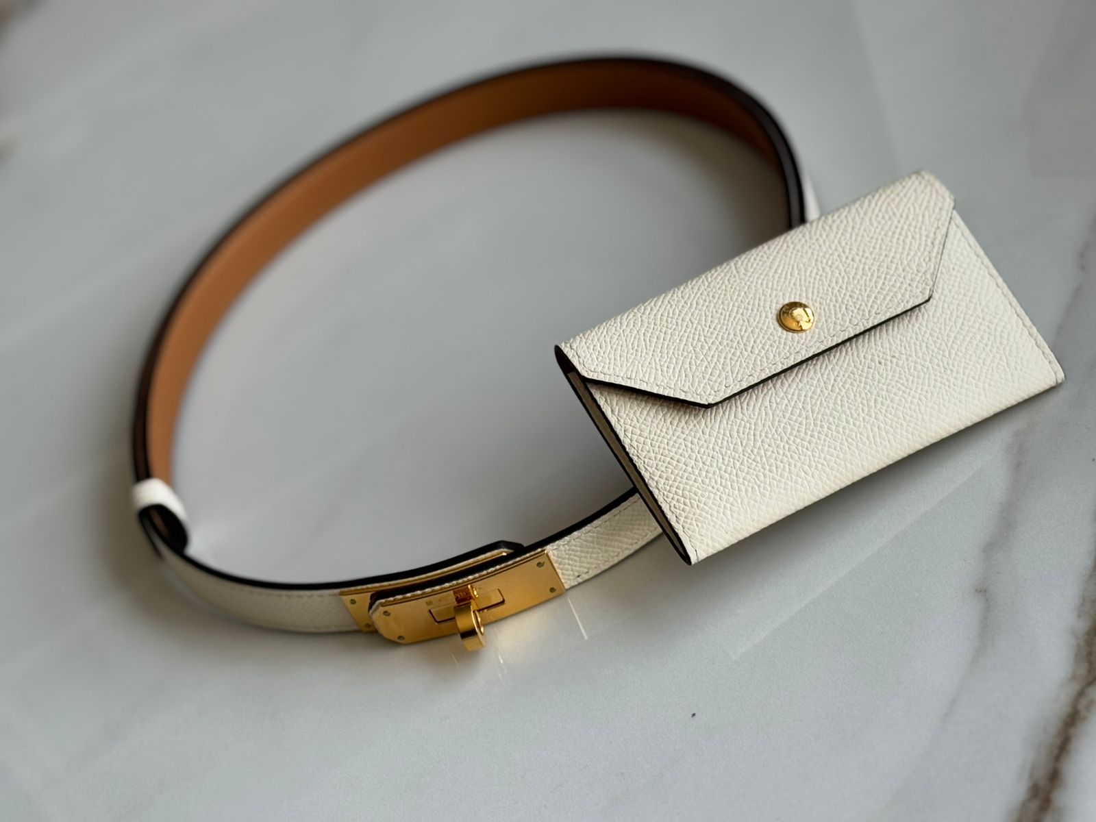 Ceinture Kelly Pocket 18 en cuir Beige